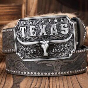 Texas Longhorn Silver & Black Buckle with Pleather Gray 46" Length Belt
